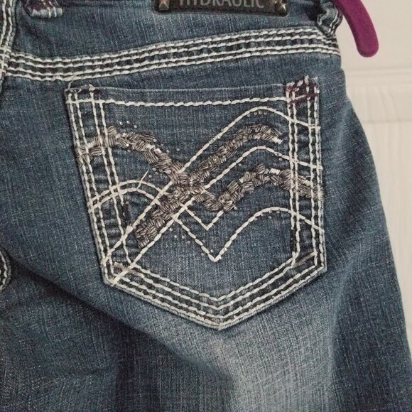 Hydraulic Women's Jeans 3-4 Blue Silver Capri Bling Y2K Rhinestones Embroidered - Picture 6 of 9